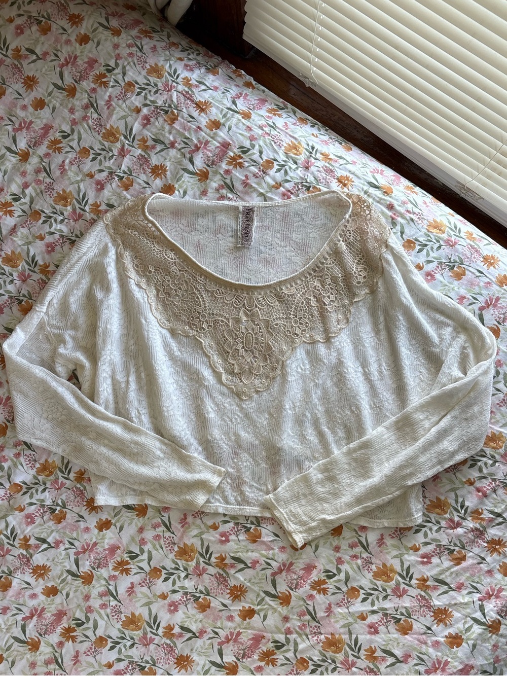 Free People Ivory Lace Long Sleeve Cropped Top Size M / L Boho Indie Lace Floral